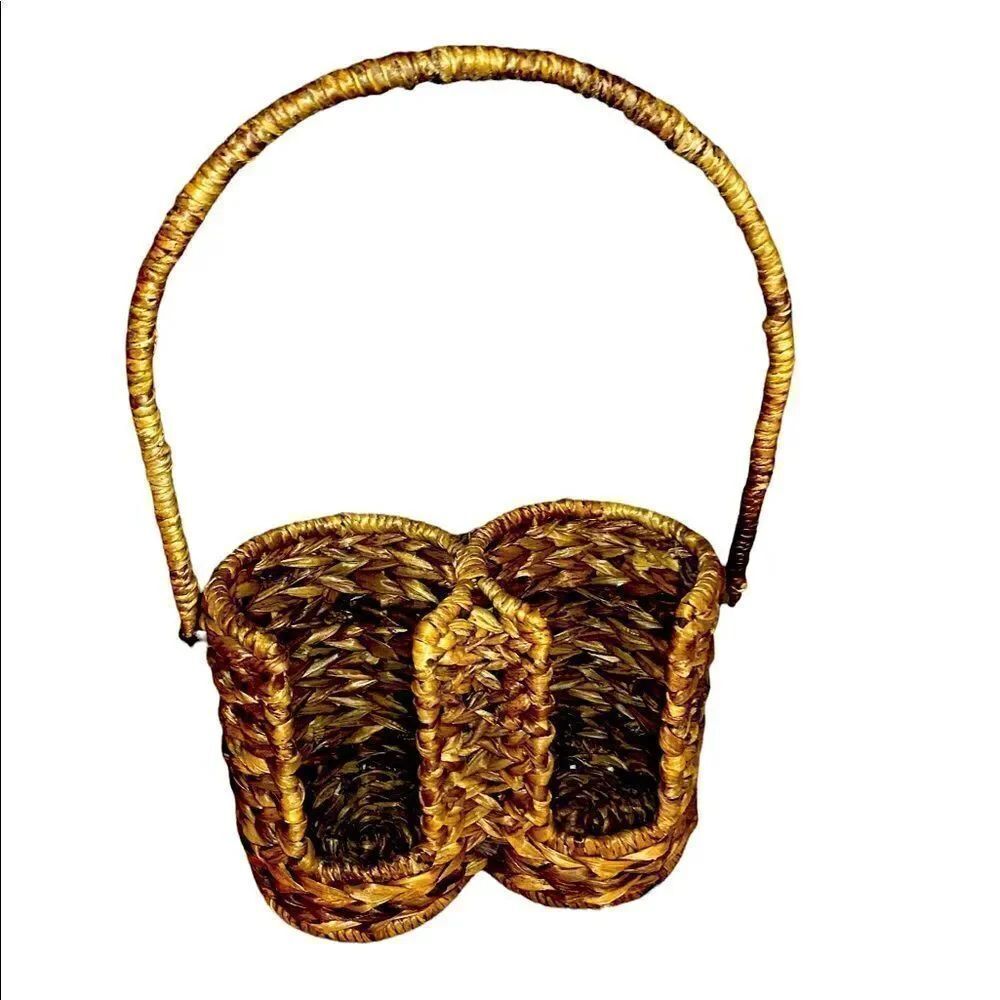 Vintage Double Wine Bottle Woven Wicker Tote with Rotating Handle 14x8